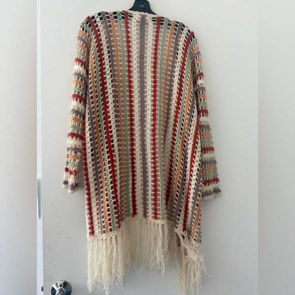 POL Open Crochet Multicolor Cardigan Sweater Fringe Boho Hippie SZ S - Picture 3 of 5